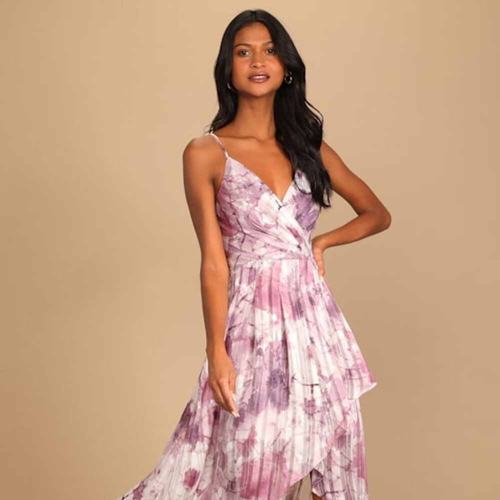 Lulus An Enchanting Dream Purple Multi Print High-low Maxi Dress - Size S